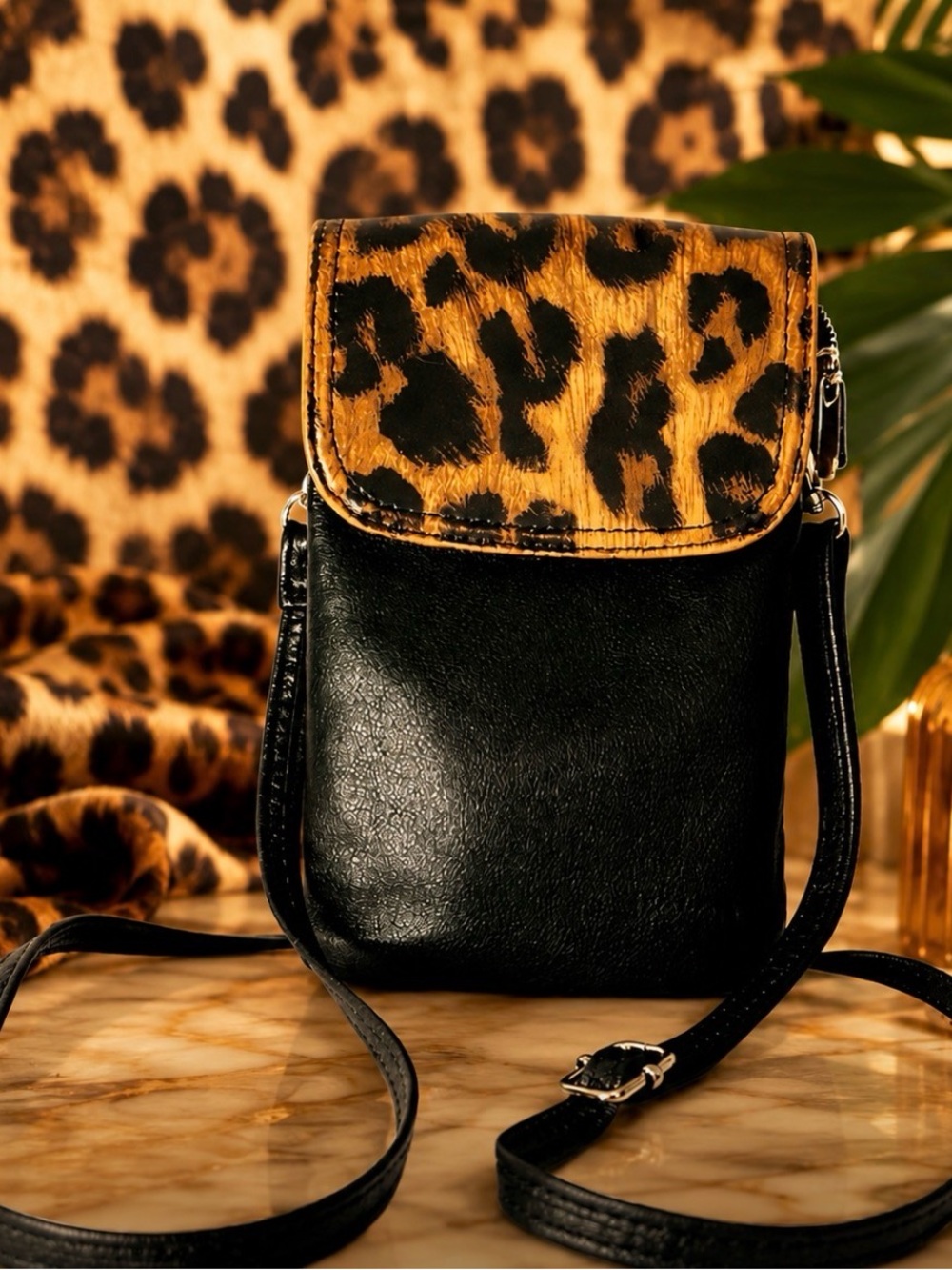 Black Leather Crossbody Phone Bag with Leopard Print Flap - Picture 7 of 7